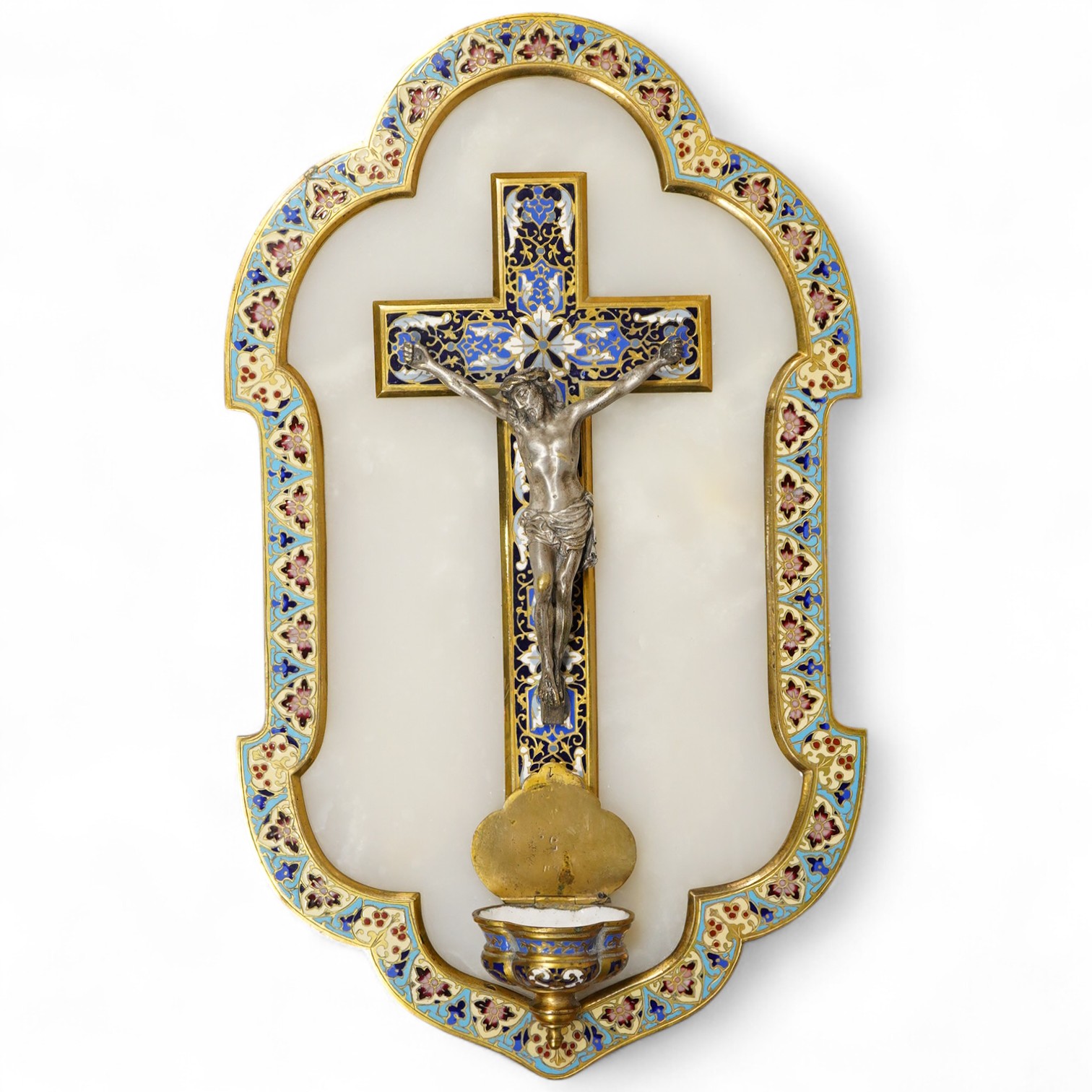 A French champleve enamel, alabaster and silvered bronze ‘benitier’, 36cm